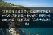 我把流程拆成四步：蘑菇视频下载为什么你总刷到同一种内容？原因比你想的简单：隐私选项（这点太容易忽略）